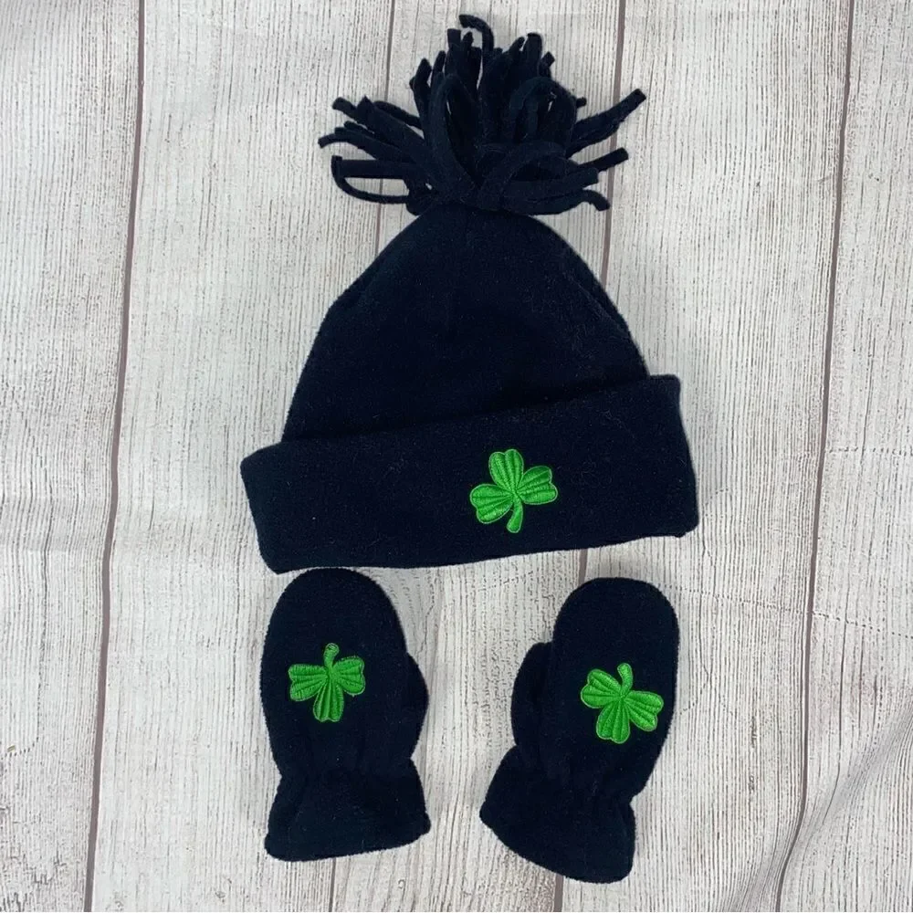 Toddler/baby shamrock fleece winter hat & mittens navy blue one size